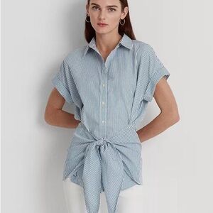 Ralph Lauren Blue-White Tie-Front Shirt 100% Linen - PL